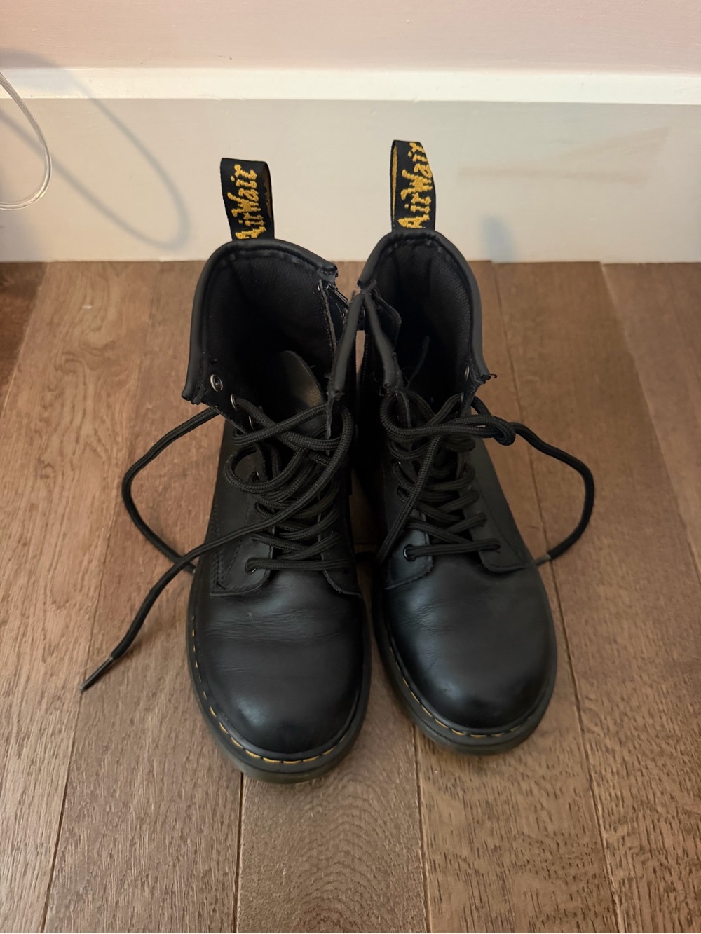 Dr. Martens Kids Black Lace-Up Leather Boots with Yellow Stitching